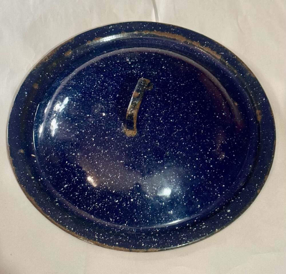 Vintage Blue and White Speckled Enamelware Pan Lid: 14”; see photos